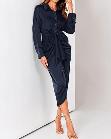 BTFBM Maxi Dresses for Women Fall 2025 Long Sleeve Lapel Neck Button Down Elegant Satin Belted Ruched Summer Shirt Dress(Navy, Medium) - Image 5