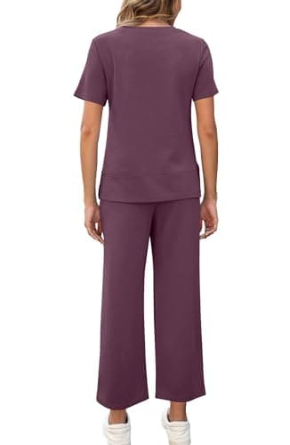 OFEEFAN Vacation Outfits for Women Casual Summer 2 Piece Lounge Set Spring Fashion Short Sleeve Tracksuit Wide Leg Loungewear Airport Clothes Holiday Clothing Women's Cruise Wear Purple XXL - Image 6