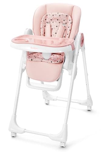 Babilous Foldable High Chair with Soft Cushion, High Chairs for Babies and Toddlers, Height Adjustable Feeding Chair, Adjustable Backrest and Footrest, Lockable Wheels, Star Pink - Image 1