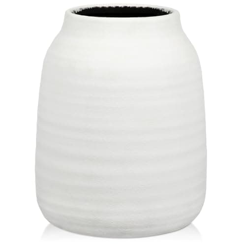 Briful White Ceramic Vase for Dried Flowers – 7.1” Short Ribbed Modern Vase with 3.7” Wide Opening, Minimalist Farmhouse Table Centerpiece, Boho Home Decor for Pampas Grass, Bookshelf & Mantel Styling - Image 1
