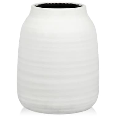Briful White Ceramic Vase for Dried Flowers – 7.1” Short Ribbed Modern Vase with 3.7” Wide Opening, Minimalist Farmhouse Table Centerpiece, Boho Home Decor for Pampas Grass, Bookshelf & Mantel Styling - Image 1