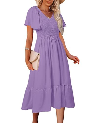 MEROKEETY Women's Summer Casual V Neck Ruffle Sleeve Smocked High Waist Midi Dress with Pockets, Purple, L - Image 1