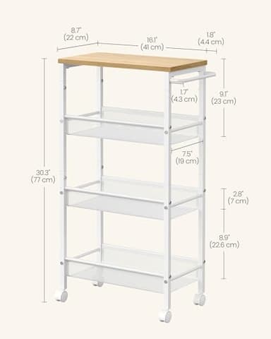 VASAGLE Slim Rolling Cart, 4-Tier Storage Cart, Narrow Cart with Handle, 8.7 Inches Deep, Metal Frame, for Kitchen, Dining Room, Living Room, Home Office, Oak Beige and Classic White ULRC033W09 - Image 6