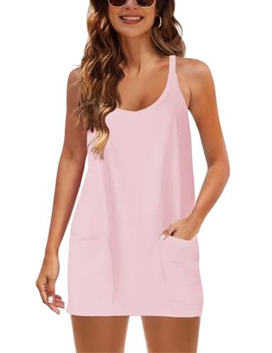 Faleave Women's Summer Sleeveless Mini Dress Athletic Dress Spaghetti Strap Short Tennis Dress with Pockets(Pink-XS) - Image 4