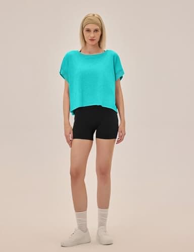 UNIANKIYA Open Back Workout Tops for Women Loose Fit Athletic Crop Tee Short Sleeve Gym Running Yoga Shirt Lake Green - Image 3