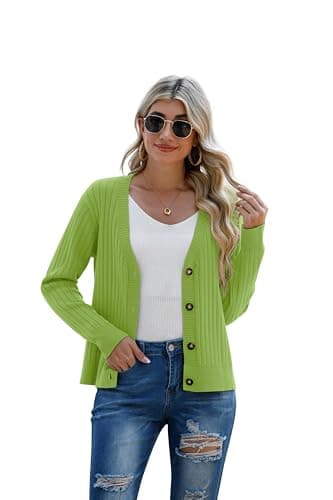 Women's Green Casual Dressy Stirped Cardigan with V Neck Button Sweaters Crew Neck Lady Lightweight Jacket 2024 Fall Winter Size M - Image 5