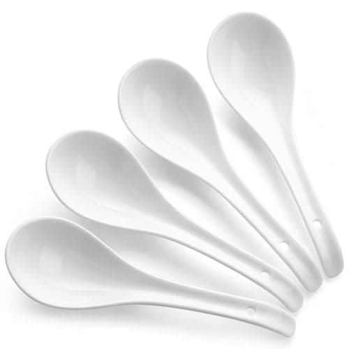 DOWAN Soup Spoons, Ceramic Asian Soup Spoons, White Japanese Spoon Large for Ramen Pho Wonton Dumpling Miso, Deep Oval Hook Design, Set of 4 (4, Soft white) - Image 1