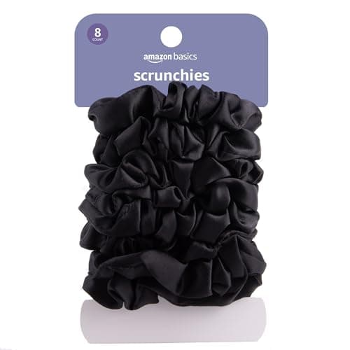 Amazon Basics Satin Scrunchies Black Hair Ties, Pack of 8 - Image 1