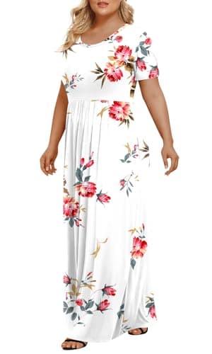 LONGYUAN Women's Short Sleeve Plus Size Swing Dress Maxi Long Wedding Dresses with Pockets Fl, 6XL Floral White - Image 2