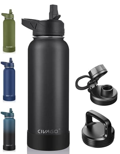CIVAGO 40 oz Insulated Water Bottle With Straw, Stainless Steel Sports Water Cup Flask with 3 Lids (Straw, Spout and Handle Lid), Double Walled Travel Thermal Canteen Mug, Midnight Black - Image 1
