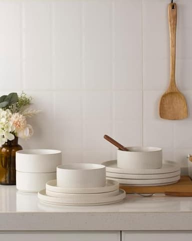 Famiware Star Plates and Bowls Sets, Modern Stoneware Dinnerware Sets for 8, 24-Piece Kitchen Dish Sets - Microwave and Dishwasher Safe, Chip and Scratch Resistant, Matte White - Image 2