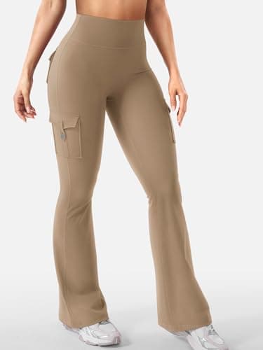 YEOREO CoreFlex Women Workout Flare Leggings with Pockets Hidden Scrunch High Waisted Cargo Gym Yoga Leggings Light Brown S - Image 4