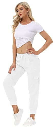 MoFiz Women's Cargo Pants Hiking Joggers Summer Lightweight Quick Dry Athletic Outdoor Sports Sweatpants Travel Casual Button Pockets Rice White XS - Image 6