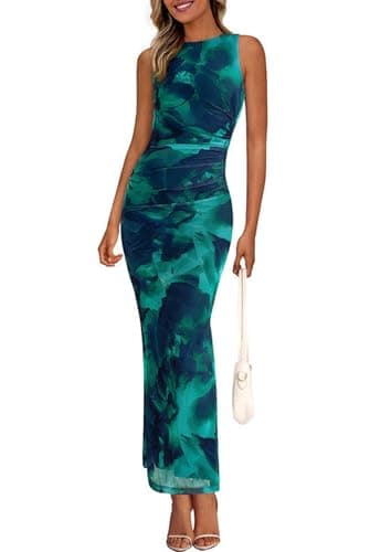 PRETTYGARDEN Wedding Guest Dresses for Women 2025 Summer Spring Floral Bodycon Sleeveless Mesh Maxi Long Dress(Lake Blue Floral,Medium) - Image 1