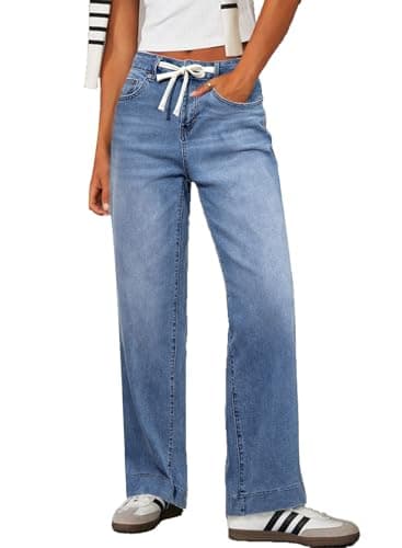 Sidefeel Women's Wide Leg Jeans High Waisted Stretchy Straight Baggy Drawstring Denim Pants Light Blue Size 4 - Image 1