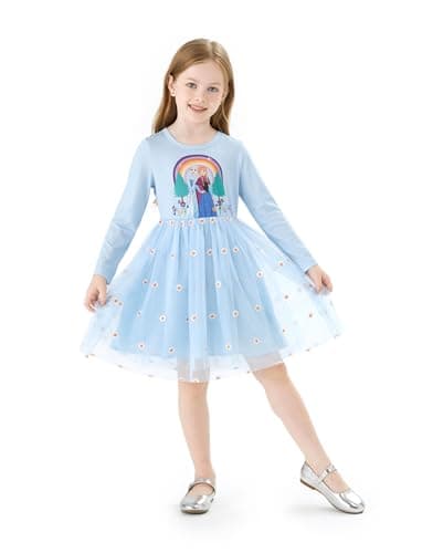 Disney Frozen Elsa Toddler Girl Dress Floral Tulle with Embroidery Long Sleeve Girl Clothes A Line Casual Double-Layer Fall Dresses Blue 5-6 Years - Image 4