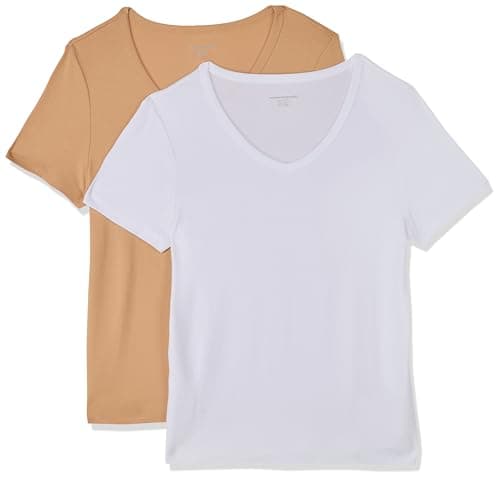 Amazon Essentials Women's Slim-Fit Short-Sleeve V-Neck T-Shirt, Pack of 2, White/Light Camel, XX-Large - Image 1