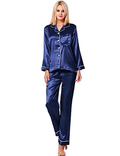 SWOMOG Womens Silk Satin Pajamas Long Sleeve Loungewear Two-piece Sleepwear Button-Down Pj Set Navy Blue - Image 3