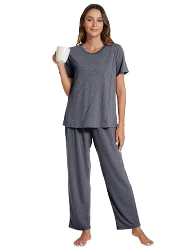 POKWAI Womens Pajama Sets Short Sleeve Top with Pants Soft Pj Women Pajamas Summer Pajamas for Women Pajama Pjs(Dark Gray,Large) - Image 2