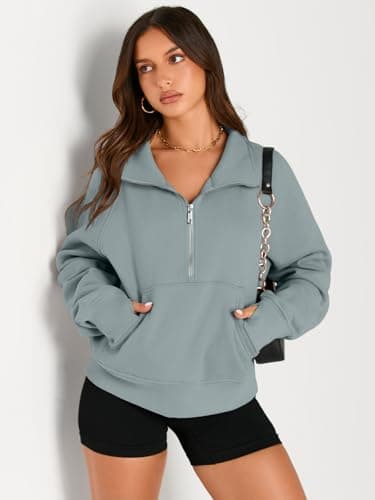 AUTOMET Womens Sweatshirts Half Zip Cropped Pullover Fleece Quarter Zipper Sweater Hoodies 2025 Fall Fashion Outfits Clothes Greygreen Large - Image 2