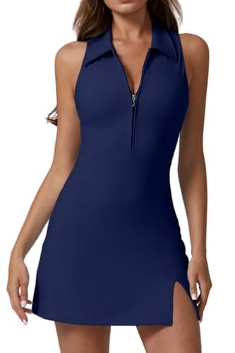 QINSEN Athletic Dress with Pockets Zip Front Polo Neck Tennis Dresses with Build in Shorts Navy Blue M - Image 1