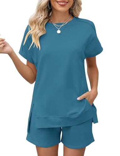 LOMON Casual Outfits for Women 2 Piece Lounge Shorts Sets with Pockets Summer Short Sleeve Sweatsuits Loungewear(Light Blue,XL) - Image 1