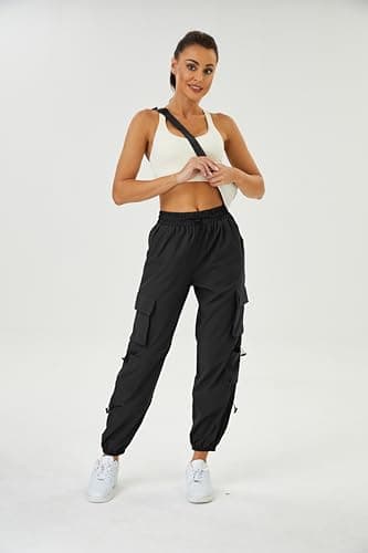 COPYLEAF Womens Parachute Cargo Pants with Pockets Quick Dry Hiking Pants Lightweight Water-Resistant Baggy Joggers(Black XXL) - Image 3