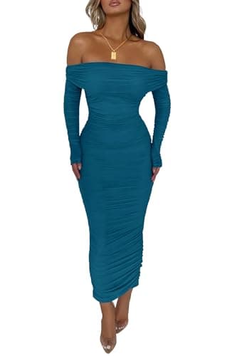 PRETTYGARDEN Women's Fall Off Shoulder Maxi Bodycon Dress Long Sleeve Ruched Fitted Club Dresses with Slit (Lake Blue,Large) - Image 1