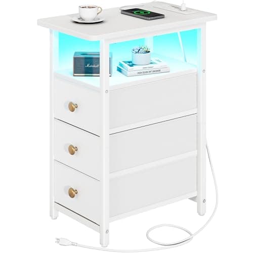 Yoobure End Table with Charging Station, LED Narrow Side Table Bedside Table, Small Night Stand End Tables Living Room, Skinny Nightstand with 3 Fabric Drawers, Side Tables Bedroom for Small Spaces - Image 1