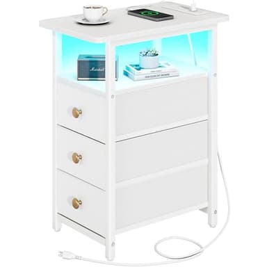 Yoobure End Table with Charging Station, LED Narrow Side Table Bedside Table, Small Night Stand End Tables Living Room, Skinny Nightstand with 3 Fabric Drawers, Side Tables Bedroom for Small Spaces - Image 1