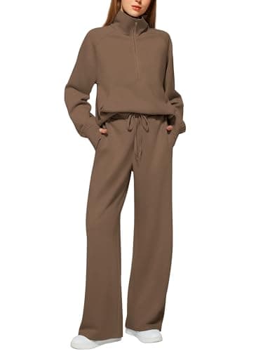 Casly Lamiit 2 Piece Outfits for Women 2025 Trendy Long Sleeve Top Wide Leg Sweatpants Fall Loung Sets Travel Clothes Athletic Suit Brown L - Image 1