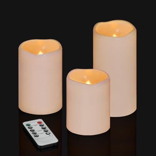 Artmarry Flameless Candles 4" 5" 6" Set of 3 Ivory Outdoor Indoor Pillars 3" Diameter Battery Operated Flickering Candles Include 10-Key Remote Timer Function 400+ Hours Requires 2 AA Batteries - Image 1
