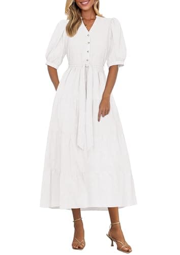 PRETTYGARDEN Summer Dresses for Women 2025 Elegant Classy Short Sleeve V Neck Ruffle A Line Belted Long Beach Vacation Dress (White,Small) - Image 1