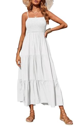 PRETTYGARDEN Women's Summer Maxi Dress 2025 Casual Boho Sleeveless Spaghetti Strap Smocked Tiered Long Beach Sun Dresses (White,S) - Image 1