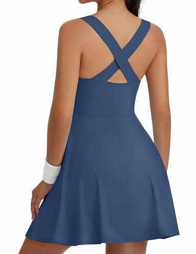 TQD Women's Athletic Tennis Dress with Built in Shorts and Bra Square Neck Exercise Workout Active Sport Dress with Shorts Underneath and Pockets Golf Dresses Outfits for Women Trendy 2025 Navy M - Image 2