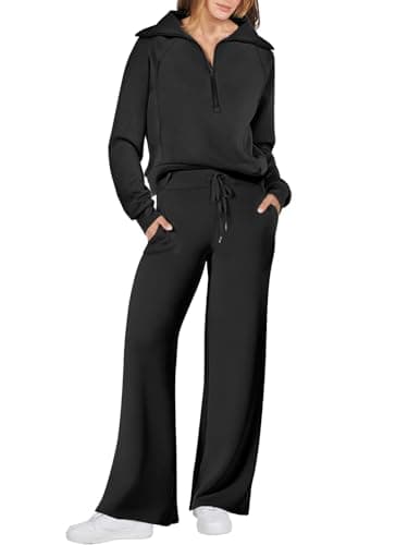 ANRABESS Women 2 Piece Outfits 2025 Fall Fashion Airport Wide Leg Pants Lounge Set Leisure Travel Vacation Clothes Sweatsuits Black Small - Image 1