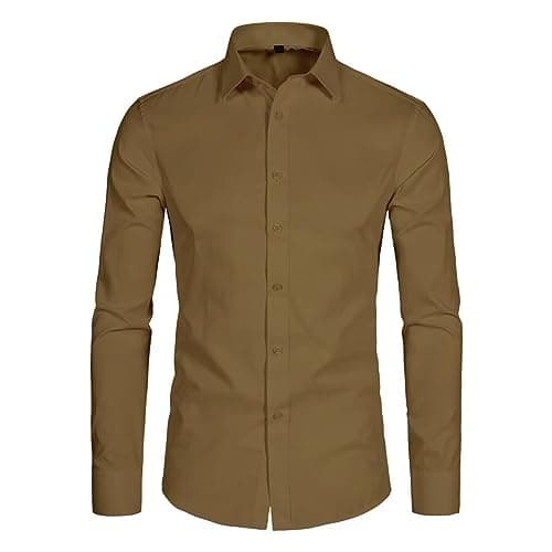 DELCARINO Men's Long Sleeve Button Up Shirts Solid Slim Fit Casual Business Formal Dress Shirt Browm Small Brown - Image 1