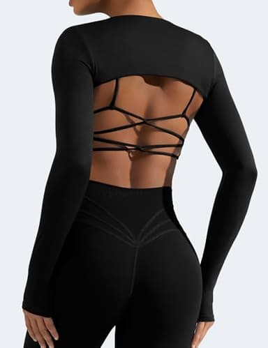 YEOREO Women Crop Top Long Sleeve Bolero Open Front Workout Cropped Shirts Sports Shrug Without Bra Black M - Image 5