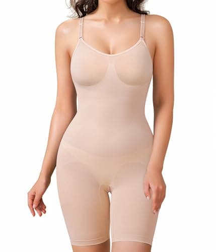 BRABIC Waist Trainer Bodysuit for Women Tummy Control Shapewear Round Neck Seamless Butt Lifter Full Body Shaper (Medium, Beige Mid Thigh) - Image 1