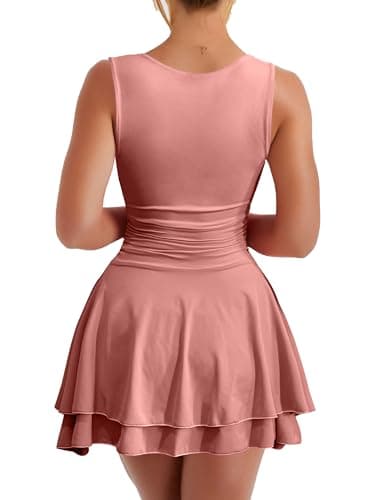 Kaximil Women's Square Neck Ruffle Hem Mini Dress Ruched Waist Short Party Dresses, Small, Water Pink - Image 2