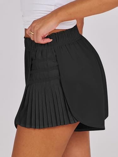 Caracilia Women Running Shorts Flowy Pleated Athletic Shorts Summer High Waisted Tennis Sporty Workout Gym Shorts Solid Black Medium - Image 3