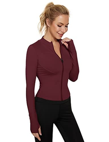 LUYAA Women's Athletic Full Zip Long Sleeve Workout Jacket Sports Running Tops for Yoga Gym Wine Red M - Image 2