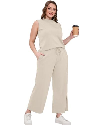 SAMPEEL Lounge Set for Women 2 Piece Spring Outfits 2024 Travel Clothing Summer Business Casual Outfits Sleeveless Wide Leg Crop Pants Sets Matching Sets Women Clothing Khaki S - Image 4