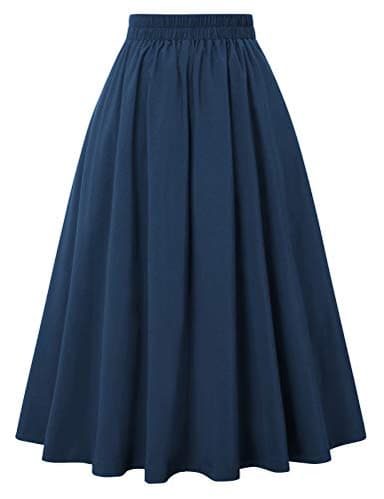 Women 1950's Vintage Pleated Skirt Retro Button A-line Skirts,Navy Blue L - Image 2