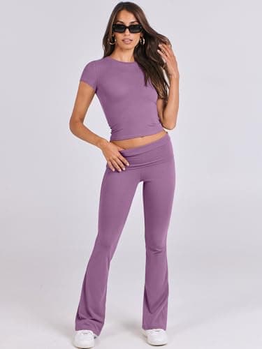 ANRABESS Lounge Sets for Women 2 Piece Foldover Yoga Flare Leggings Pants Crop Tops Casual Y2K Outfits Matching Tracksuit Set Nutmeg X-Large Purple - Image 7