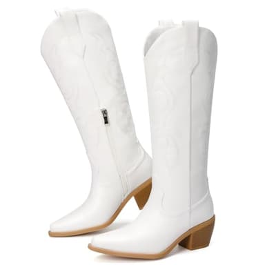 Platikly White Cowboy Boots for Women - Embroidered Western Cowgirl Boots, Wide Calf Knee High Tall Footwear, Almond Pointed Toe Chunky Heel Pull On Zipper Classic Retro Country Style US 9.5 - Image 5