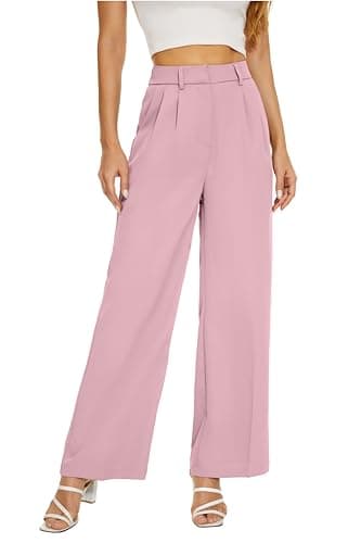 KICZOY Women's Wide Leg High Waist Pants Loose Fit Back Elastic Waist Pleated Front Trousers for Work Casual Pink - Image 1