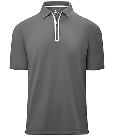 Men's Zipper Polo Shirt Short Sleeve Moisture Wicking Casual Golf Polo Shirt Quarter Zip Tops Dark Grey - Image 1
