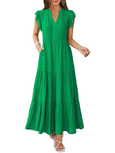 ANRABESS Womens Summer Casual Maxi Dress V Neck Ruffle Sleeve Long Dresses Fashion Flowy Tiered Boho Beach Vacation Sundress Forest XX-Large - Image 1
