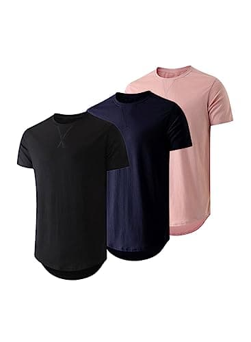 JMIERR Men's 3 Pack Cotton Hipster Hip Hop Longline Crewneck T-Shirt, Short Sleeve Gym Workout Athletic T Shirts for Men Pack,XL, Black/Navy Blue/Pink - Image 1
